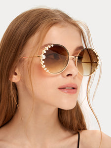 Faux Pearl Decor Round Frame Sunglasses