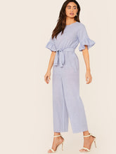 Load image into Gallery viewer, Ruffle Cuff Self Belted Wide Leg Striped Jumpsuit