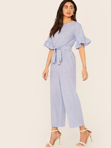 Ruffle Cuff Self Belted Wide Leg Striped Jumpsuit