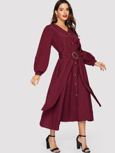 Load image into Gallery viewer, Bishop Sleeve Button Up Self Belted Dress