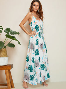 Tropical Print Drawstring Waist Flare Dress