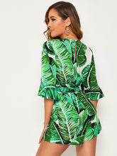 Load image into Gallery viewer, Tropical Print Surplice Neck Belted Blouson Romper