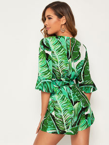 Tropical Print Surplice Neck Belted Blouson Romper