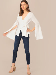 Bell Split Sleeve Surplice Neck Knot Blazer