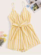 Load image into Gallery viewer, Surplice Neck Striped Belted Cami Romper