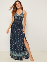 Load image into Gallery viewer, Lace Detail Waist Tribal Split Thigh Slip Dress