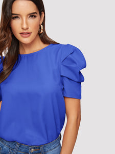 Button Keyhole Back Puff Sleeve Top