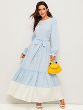 Load image into Gallery viewer, Bell Cuff Contrast Hem Belted Maxi Dress