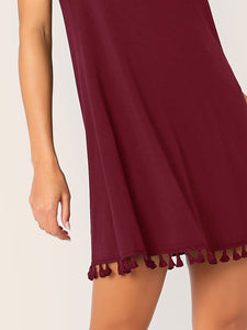 Solid Tassel Hem Tie Back Halter Dress