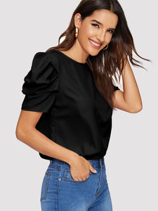 Button Keyhole Back Puff Sleeve Top