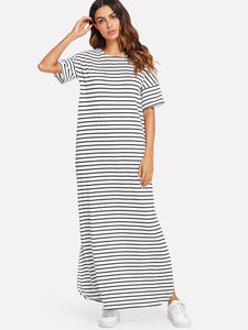 Side Slit Striped Maxi Tee Dress