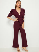 Load image into Gallery viewer, Plunging Neck Puff Sleeve Flare Leg Belted Jumpsuit