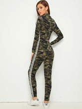 Load image into Gallery viewer, Camo Print Striped Tape Raglan Sleeve Unitard Jumpsuit