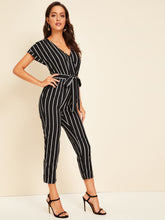 Load image into Gallery viewer, Surplice Neck Self Belted Striped Jumpsuit