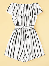 Load image into Gallery viewer, Striped Ruffle Hem Knot Romper