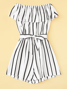 Striped Ruffle Hem Knot Romper