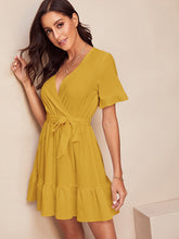 Load image into Gallery viewer, Surplice Wrap Belted Ruffle Hem Dress