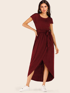 Belted Tulip Hem Solid Wrap Dress