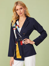 Load image into Gallery viewer, Color-block Notched Neck Belted Blazer