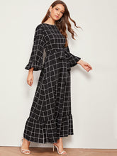 Load image into Gallery viewer, Bell Sleeve Flounce Hem Grid Dress With Belt