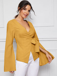 Bell Split Sleeve Surplice Neck Knot Blazer