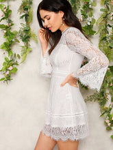 Load image into Gallery viewer, Trumpet Sleeve Floral Lace Overlay Dress