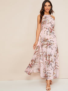 Botanical Print Tie Back High Split Halter Dress