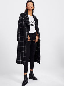 Drape Collar Grid Longline Coat