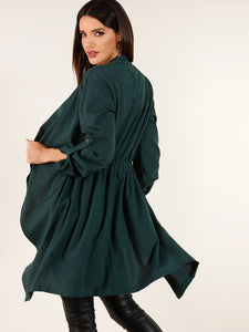 Open Front Roll Tab Sleeve Dip Hem Coat