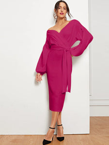 Blouson Sleeve Surplice Wrap Split Hem Dress