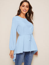 Load image into Gallery viewer, High Low Bishop Sleeve Drop Shoulder Belted Blouse