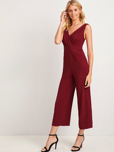 Solid Lace Insert Surplice Neck Zip Side Jumpsuit