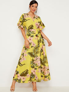 Botanical Print Ruffle Cuff Tie Side Wrap Dress