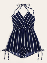 Load image into Gallery viewer, Surplice Striped Drawstring Side Halter Playsuit