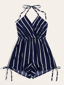 Surplice Striped Drawstring Side Halter Playsuit