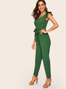 80s Sweetheart Neck Ruffle Armhole Rolled Hem Jumpsuit