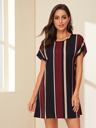 Striped Batwing Sleeve Tunic Dress