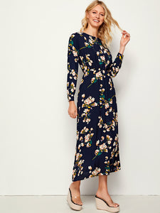 Allover Floral Print Elastic Waist Plicated Dress