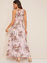 Load image into Gallery viewer, Botanical Print Tie Back High Split Halter Dress