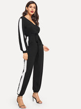 Load image into Gallery viewer, Surplice Neck Self Belted Colorblock Jumpsuit