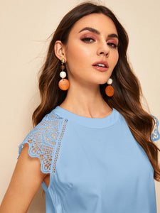 Contrast Lace Cuff Keyhole Back Blouse