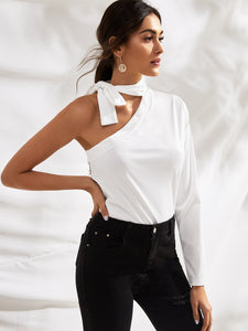 Tie Neck One Shoulder Solid Tee