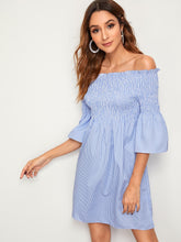 Load image into Gallery viewer, Bardot Flounce Sleeve Striped Frill Trim Shirred Dress