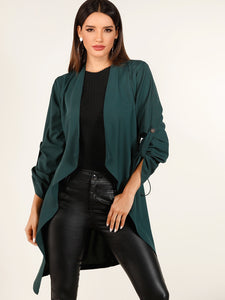 Open Front Roll Tab Sleeve Dip Hem Coat