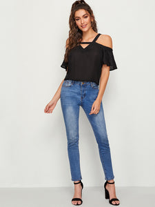 Cutout Front Cold Shoulder Solid Top