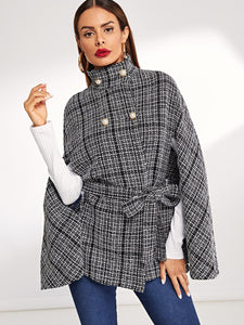 Double Breasted Front Tie Waist Tweed Cape Coat