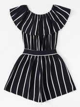 Load image into Gallery viewer, Striped Ruffle Hem Knot Romper