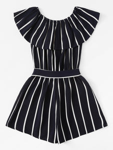 Striped Ruffle Hem Knot Romper