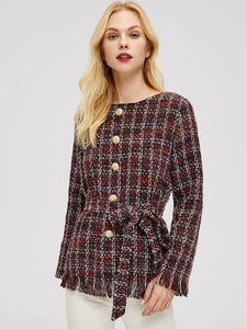 Raw Hem Belted Tweed Coat