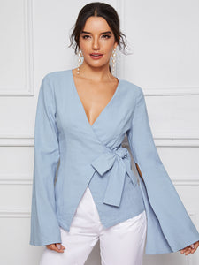 Bell Split Sleeve Surplice Neck Knot Blazer